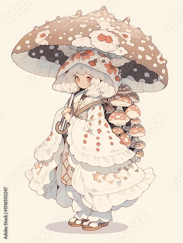 Anime art of a white-haired character in a kimono, holding a flower-adorned mushroom umbrella, with a serene closed-mouth expression, fantasy illustration, digital art.