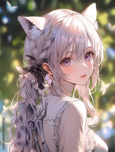 Anime fantasy character with silver hair, purple eyes, cat ears, natural setting