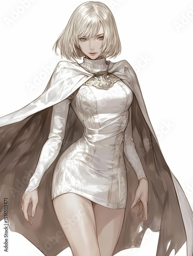 A mysterious woman with short blond hair and a diagonal part, wearing a white turtleneck dress and cloak, exudes coolness in an anime illustration.