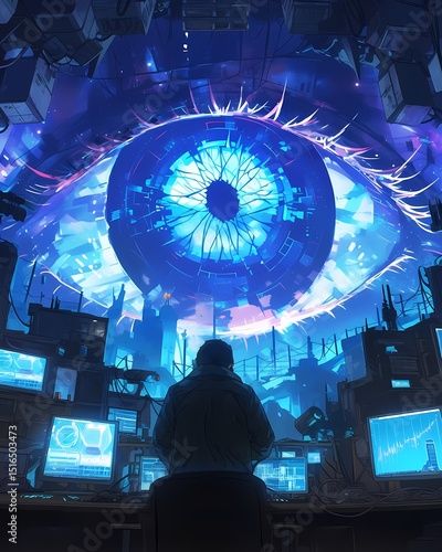 Hooded Figure in Futuristic Control Room with Computer Monitors