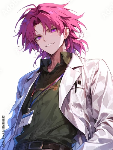 A young man with vibrant pink hair and purple eyes smiles directly at the viewer, wearing a white lab coat and green shirt.