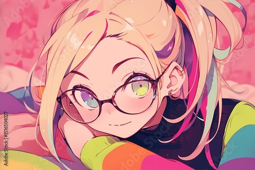 Anime girl with green-blue eyes, colorful hair, unique glasses, black top, relaxed, cheerful