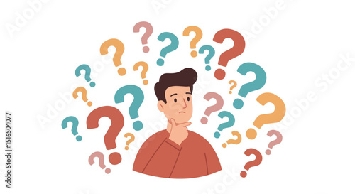 Thoughtful young male surrounded by colorful question marks in a pondering pose