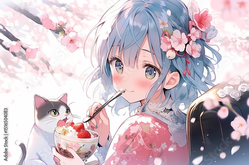 Anime girl with blue hair, pink kimono, shaved ice, strawberries, cat, cherry blossoms, sunny day
