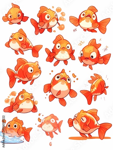 Vibrant orange anime koi fish, unique expressions, poses, emotions, swimming, jumping, white background.