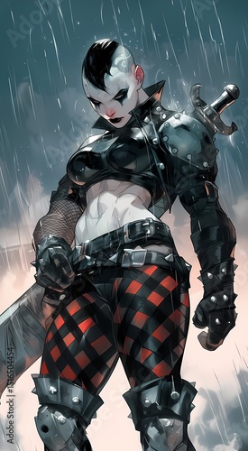 Fierce anime style warrior illustration, standing resolute in the rain, with black and red tartan leggings, silver spikes, and white-painted face against a gloomy background.