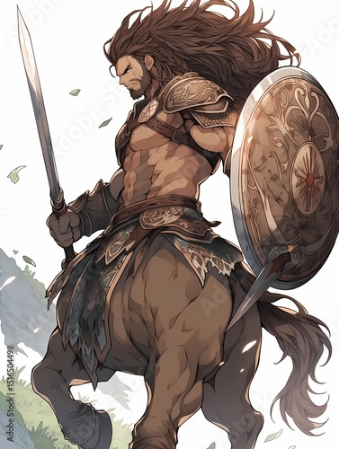 Muscular centaur warrior charging into battle, armor, sword, shield.