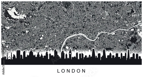 Stylized london map with skyline silhouette and detailed urban layout