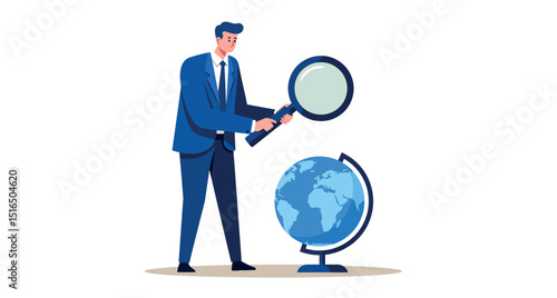 Young caucasian male analyzing globe with magnifying glass