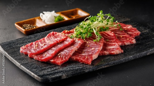 Raw Korean Beef Slices Arranged on a Marble Plate With Garnish Generative AI