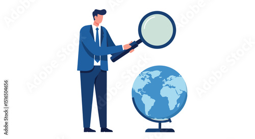 Male analyzing globe with magnifying glass in business suit