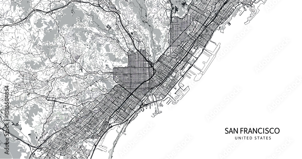 Fototapeta premium Detailed urban map of san francisco's streets and coastline