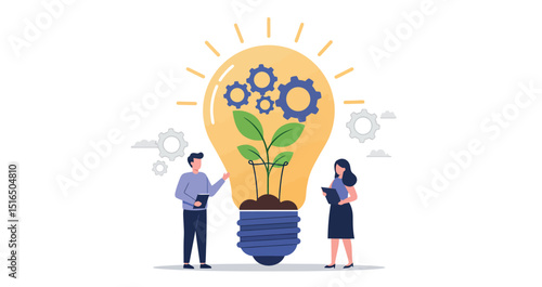 Teamwork concept with light bulb and gears featuring asian male and female adults