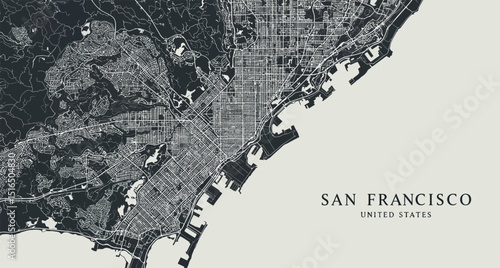 Detailed black and white map of san francisco streets and topography