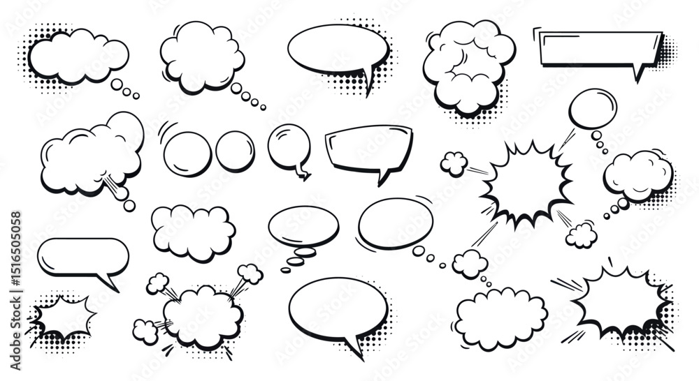 Naklejka premium Assorted blank comic speech bubbles with halftone elements in black and white design