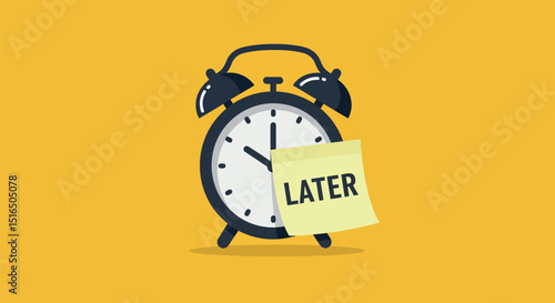 Retro alarm clock with sticky note reading later on yellow background