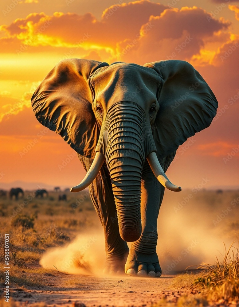 Fototapeta premium Powerful Elephant Marching at Sunset in African Savannah