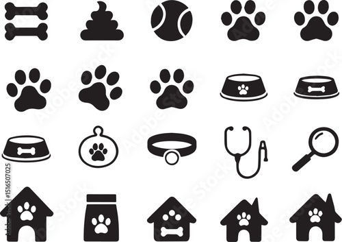 Collection of black and white dog related icons in a pattern