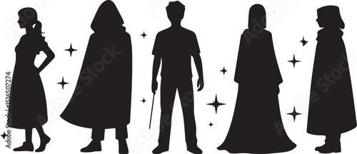 Silhouette of wizards and a witch with stars on white background