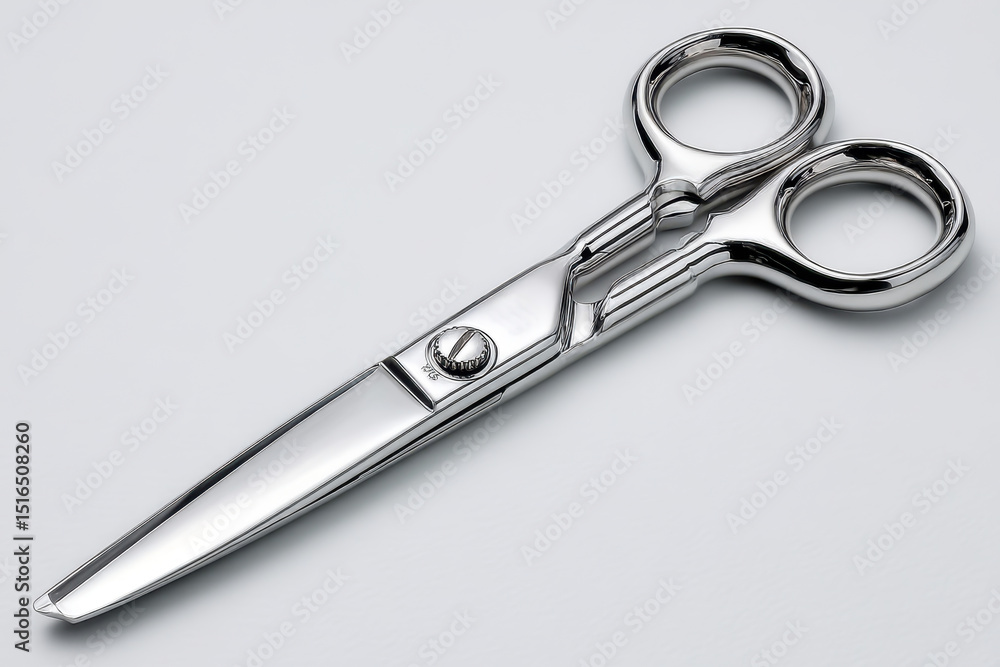 Fototapeta premium A close-up studio shot of professional hair cutting scissors on a clean white background, showcasing the craftsmanship and precision of the steel blades and ergonomic design.