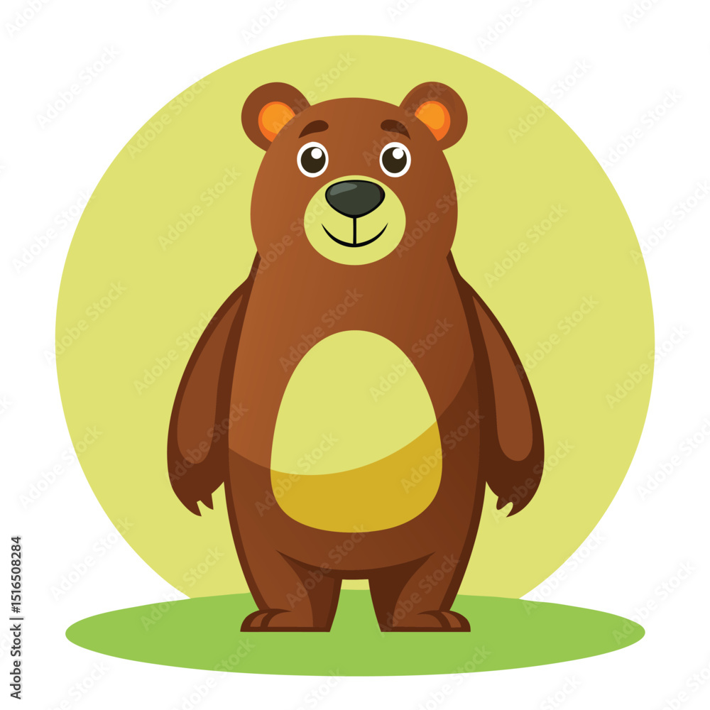 Fototapeta premium Cute Cartoon Brown Bear Standing on Green Grass with Yellow Background