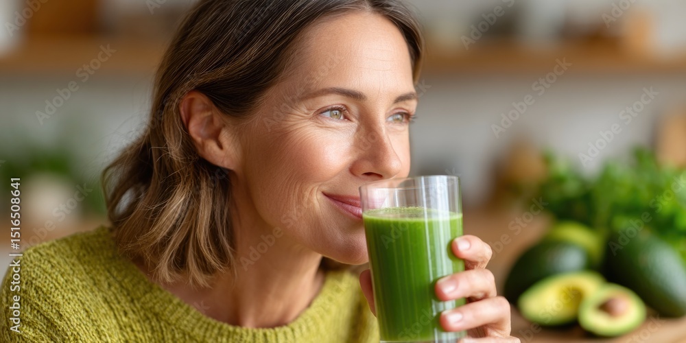 Woman Enjoying Healthy Green Smoothie at Home Woman Enjoying Healthy Green Smoothie at Home