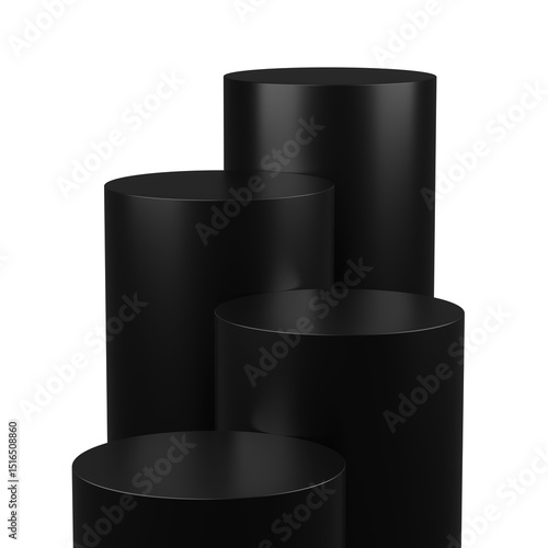 3d Render of 4 cylinder podiums in black color. transparent background.