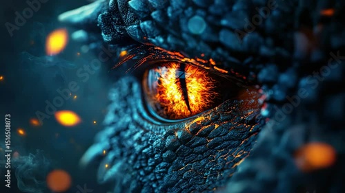 Closeup of dragon eye with glowing orange iris, detailed blue and black scales, fantasy creature in fiery atmosphere, intense and mystical mood, fire and glowing elements, evoking power and mystery