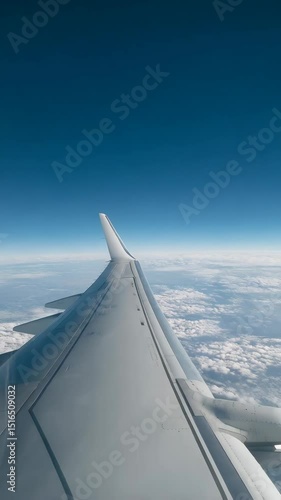 View from airplane window of wing and clouds against deep blue sky on bright sunny day during air travel experience
