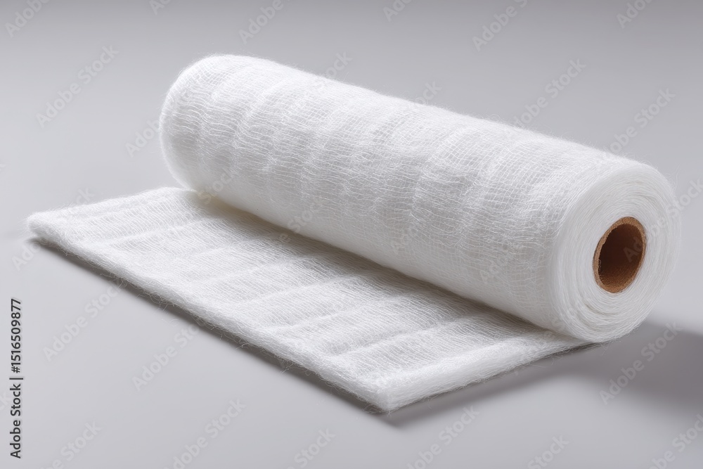 Fototapeta premium A sterile gauze bandage roll and a folded pad, essential for wound care and first aid, providing protection and absorption on a neutral gray background.