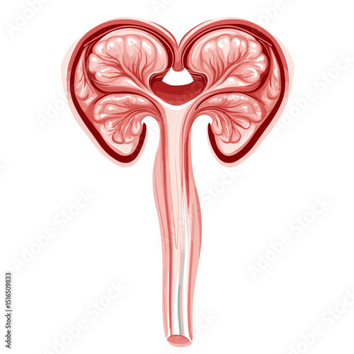 Anatomical Urogenital System Illustration Featuring Kidneys Ureter and Bladder in Detailed Medical Diagram with Red and White Color on Clear Background
