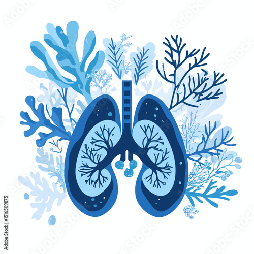 Artistic Blue Lungs Surrounded By Coral Sea Life Illustration on White Background Showcasing Anatomy Health and Marine Nature