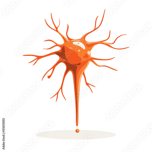 Bright Orange Neuron Cell with Branching Dendrites on White Background Detailed Biology Illustration Nerve Impulse Transmission