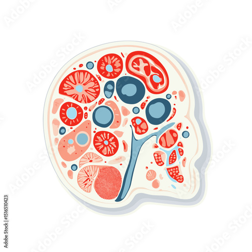 Detailed Anatomical Cross Section of a Human Head with Brain Tissue in Red and Blue Color Palette on White Background