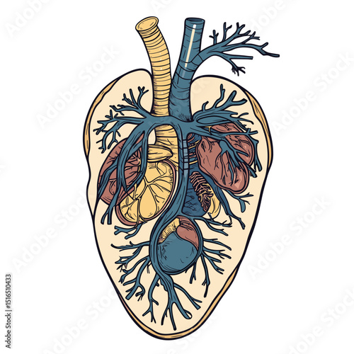 Detailed Anatomical Heart Illustration Showing Vessels and Chambers in Beige Blue and Yellow Color Palette