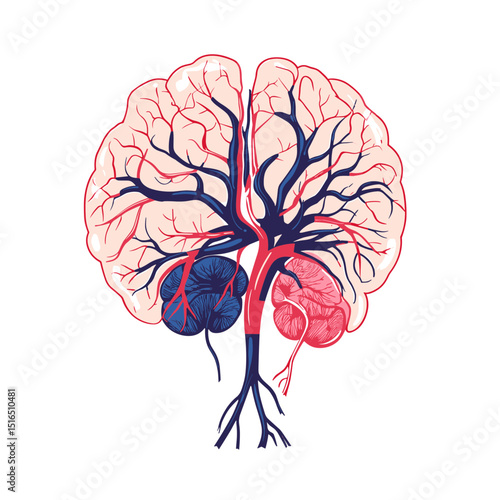 Detailed Anatomical Illustration of a Brain with Red Arteries and Blue Veins on a White Background