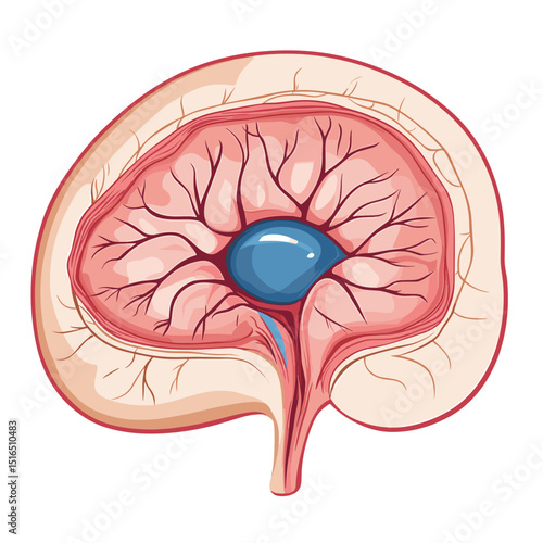 Detailed Anatomical Illustration of a Bladder Cross Section Displaying Internal Structures and Tissue Layers in Realistic Colors on White Background