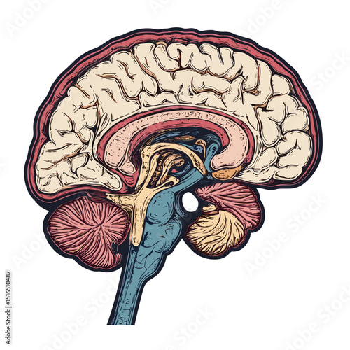 Detailed Anatomical Illustration of a Brain Section with Various Lobes in Muted Colors for Educational Purposes