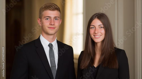 Two confident young professionals in formal attire. Portraying ambition and professionalism in the modern workplace.