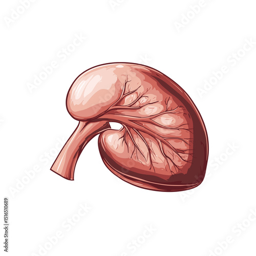 Detailed Anatomical Illustration of a Human Kidney with Veins in Reddish Brown Hues on White Background