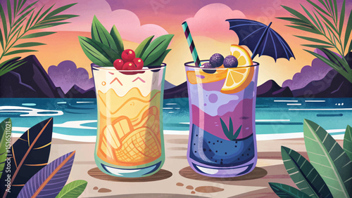 Amazing bundle of colorful exotic refreshing cold cocktails on beach illustration vector