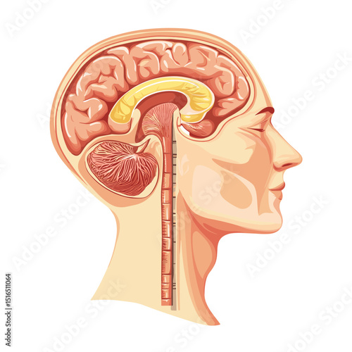 Detailed Anatomical Illustration of Human Brain and Spinal Cord in Cross Section Educational Medical Diagram