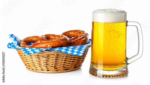 Chilled Beer Mug with Pretzel Basket Isolated on White Background with Clipping Path, Oktoberfest Theme
