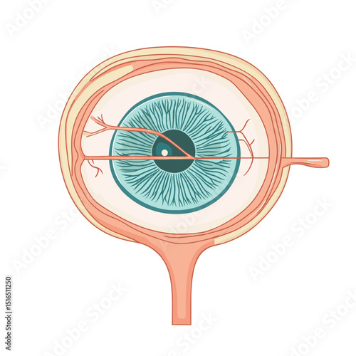 Detailed Anatomical Illustration of Human Eye Structure Featuring Blue Iris and Clear Sections for Medical Educational Purposes on White Background