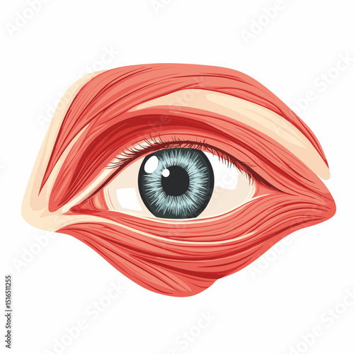 Detailed Anatomical Illustration of Human Eye Featuring Intricate Muscles Structure and Light Blue Iris on White Background