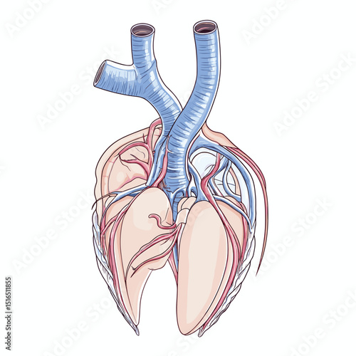 Detailed Anatomical Illustration of Human Heart and Major Blood Vessels on White Background Showing Cardiovascular System with Intricate Detail