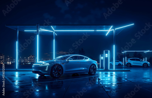 Night Scene of Electric Vehicle Charging Station