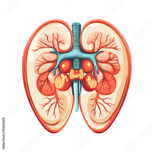 Detailed Anatomical Illustration of Human Lungs Showing Alveoli Bronchi and Vascular Structure in Red and Blue on White Background