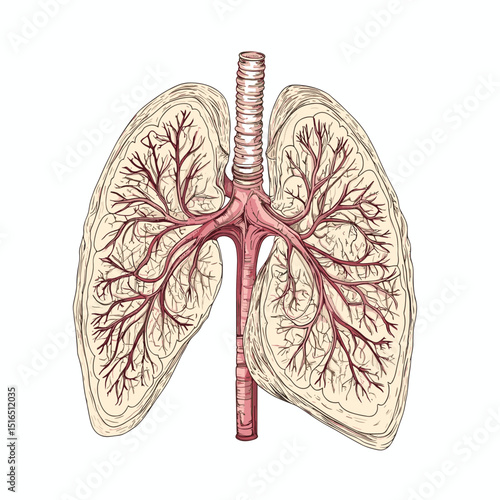Detailed Anatomical Illustration of Human Lungs with Trachea Bronchi and Pulmonary Vessels in a Medical Diagram Style