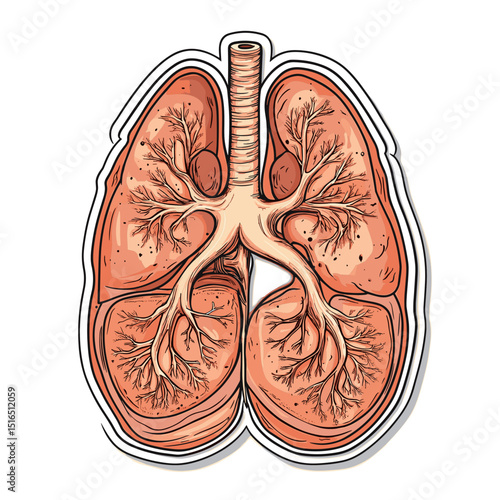 Detailed Anatomical Illustration of Human Lungs with Trachea Bronchi and Alveoli in a Medical Diagram Style Isolated on White